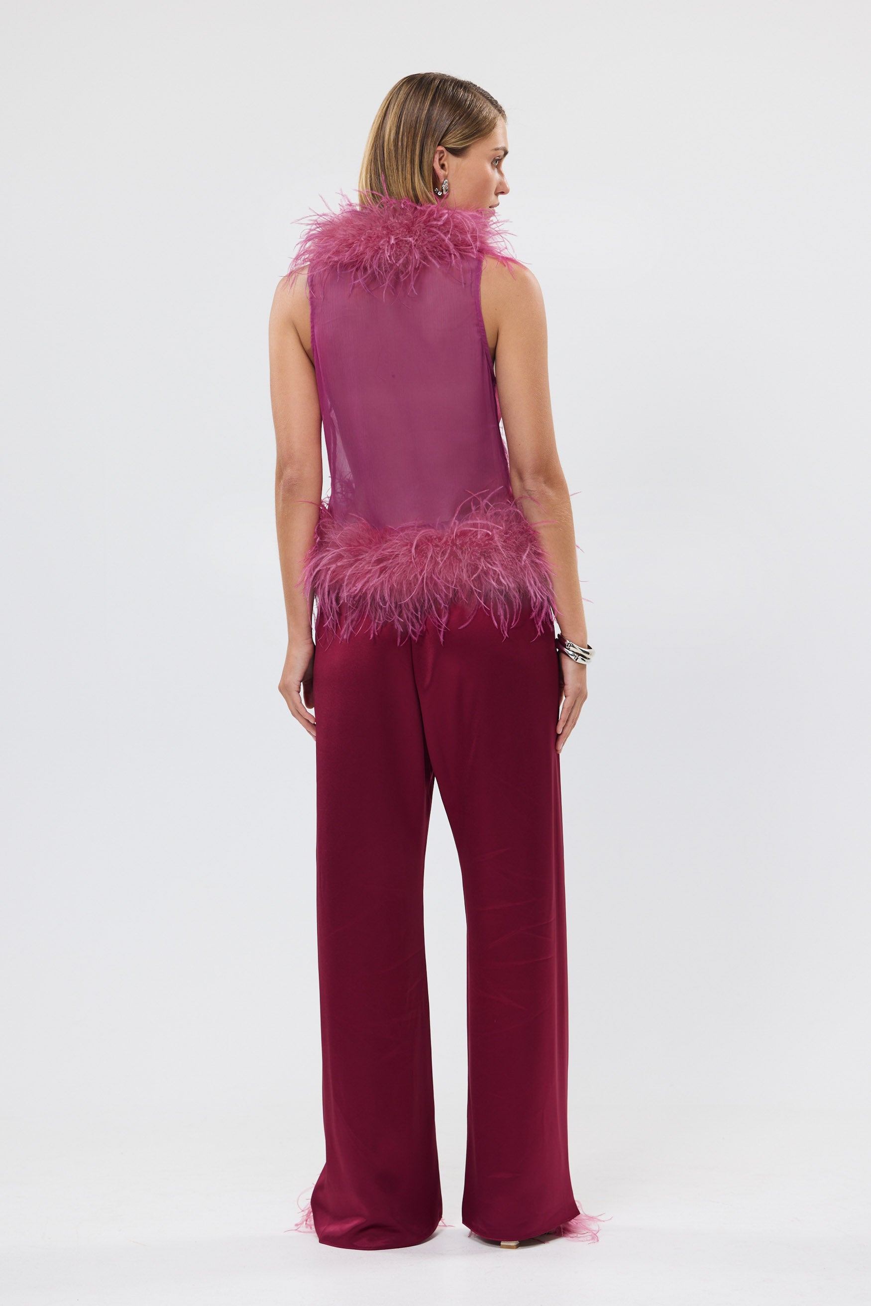 bubish Gigi Sheer Feather Vest Raspberry FEATHER TOP