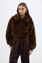 Hailey Faux Fur Bomber Jacket Chocolate Leopard LEOPARD FAUX FUR BOMBER JACKET bubish