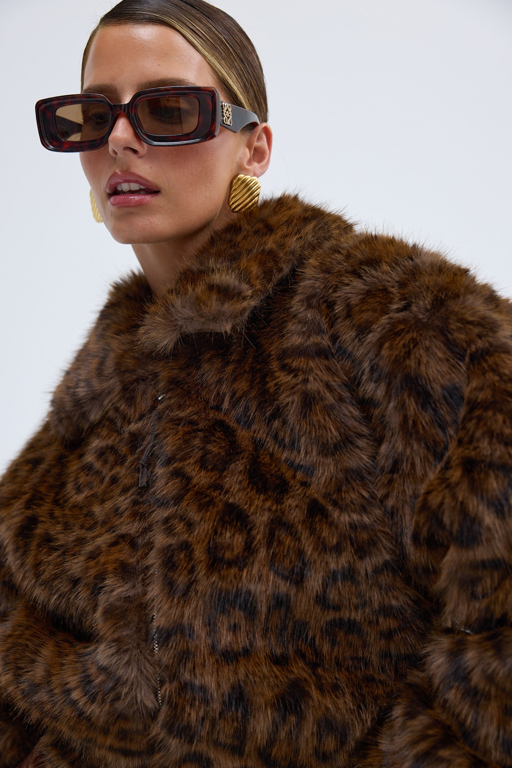 Hailey Faux Fur Bomber Jacket Chocolate Leopard LEOPARD FAUX FUR BOMBER JACKET bubish