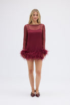 bubish Harlow Sheer Feather Mini Dress Cherry DRESS
