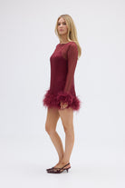 bubish Harlow Sheer Feather Mini Dress Cherry DRESS
