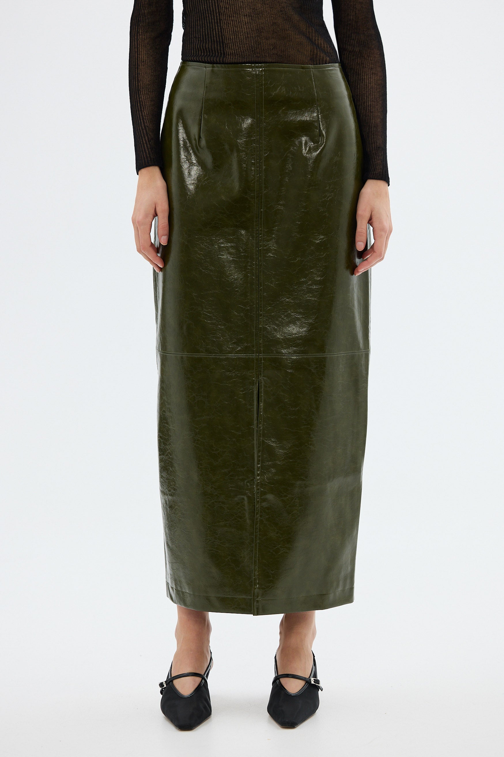 bubish Raye Maxi Skirt Khaki FAUX LEATHER SKIRT