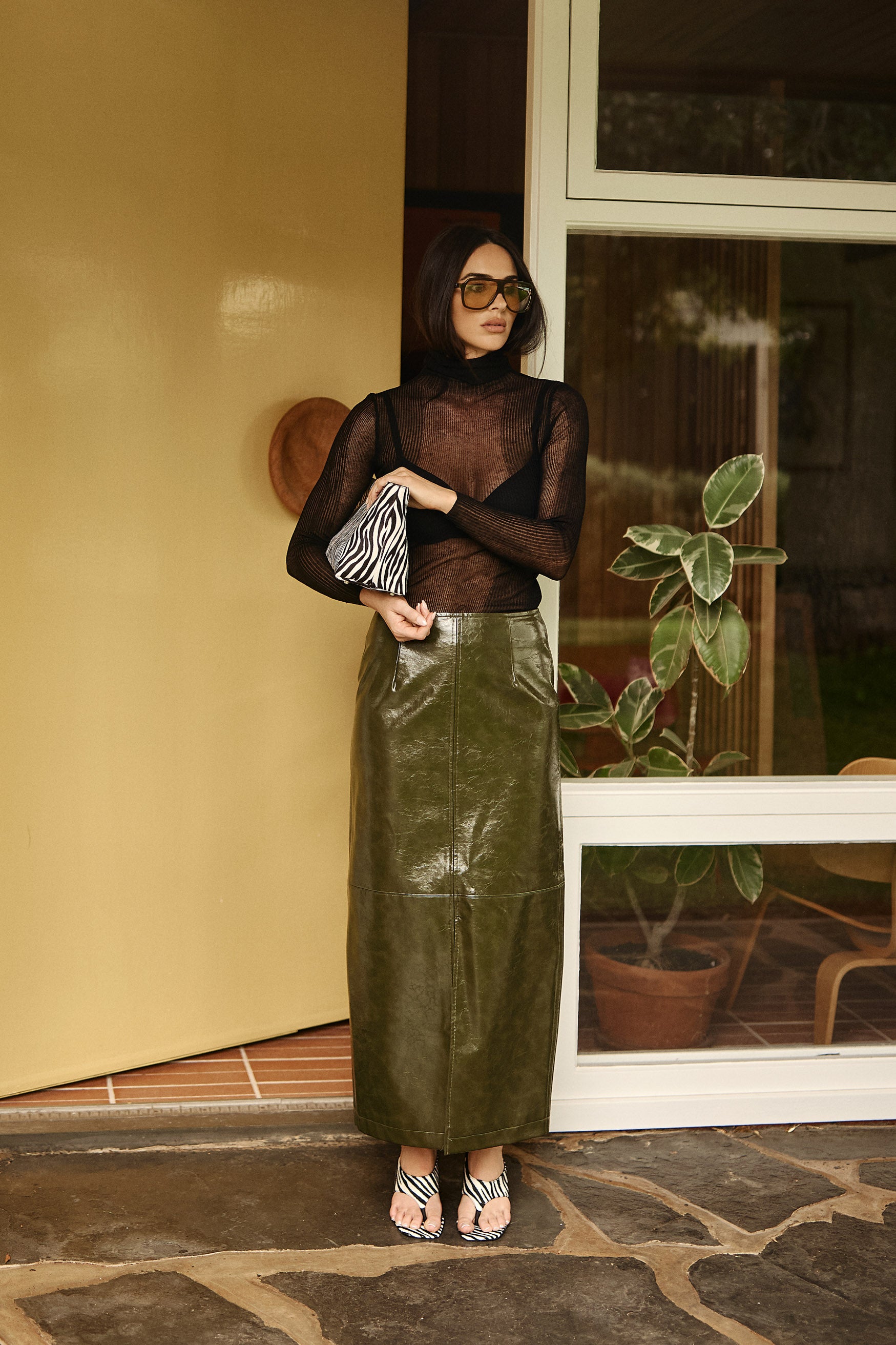 bubish Raye Maxi Skirt Khaki FAUX LEATHER SKIRT