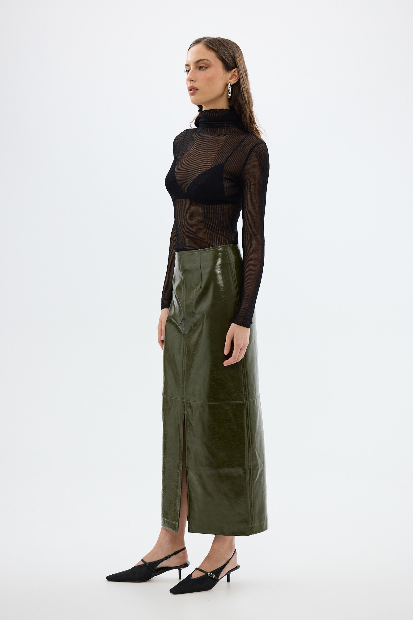 bubish Raye Maxi Skirt Khaki FAUX LEATHER SKIRT