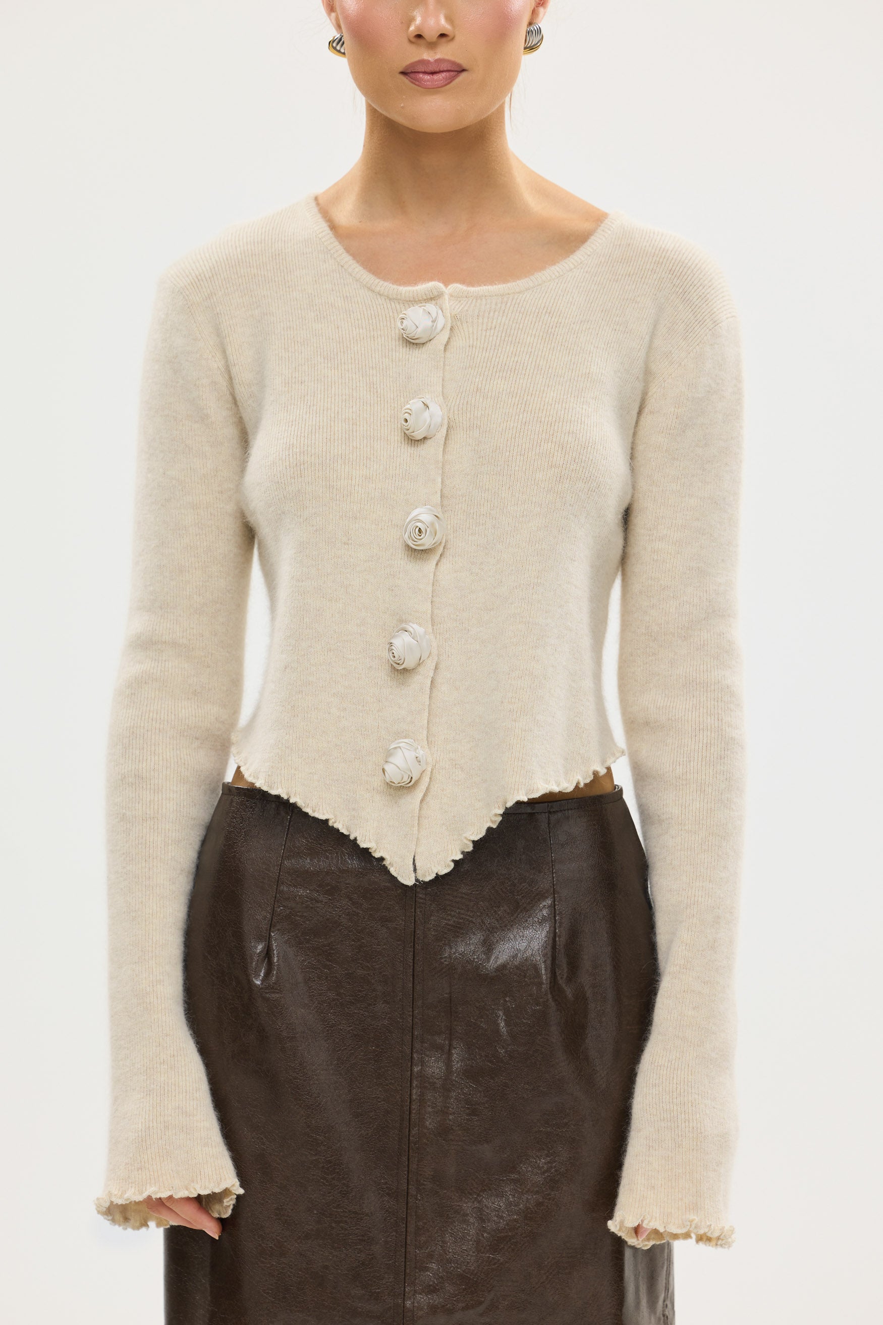 bubish Rosette Cardigan Oatmeal TOP
